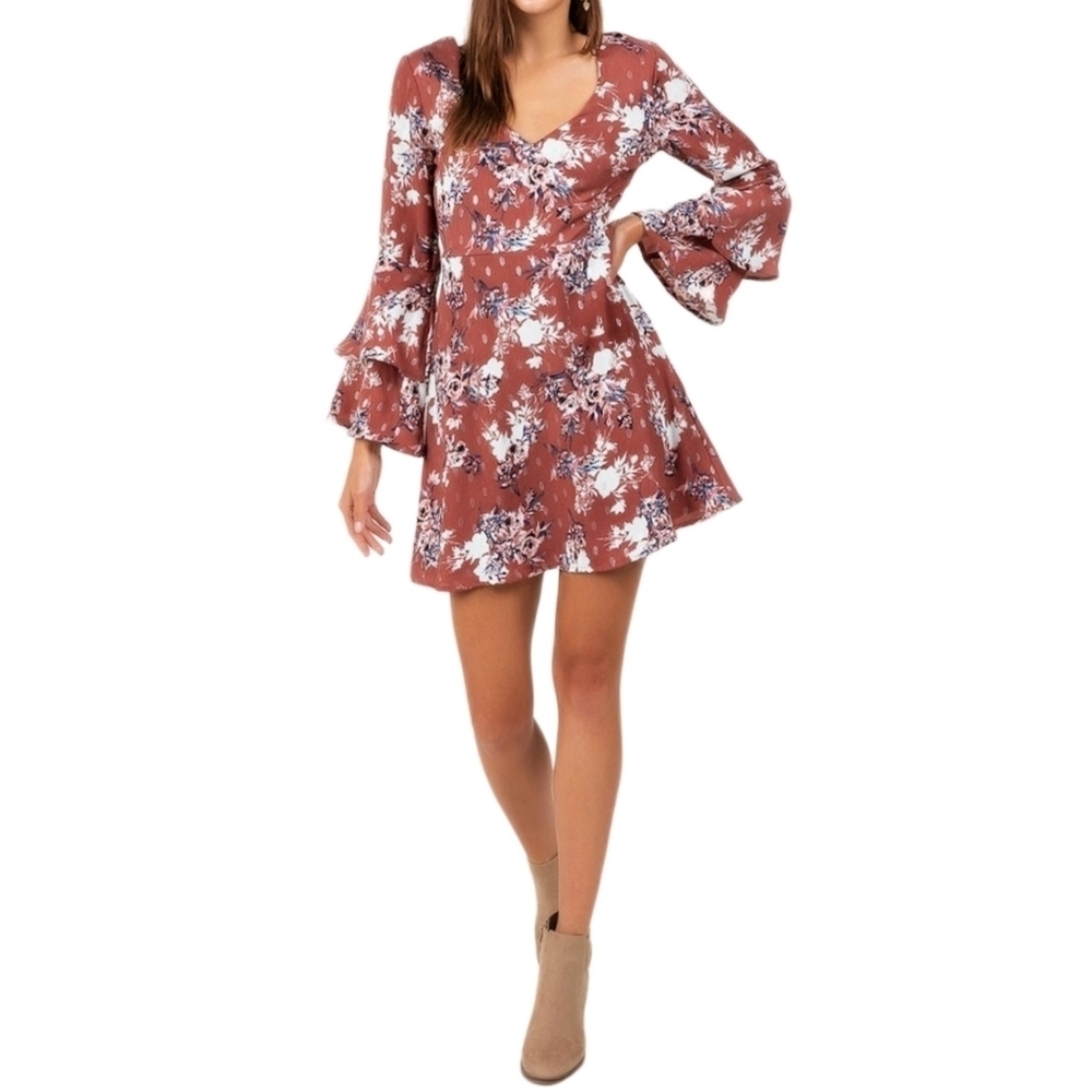 As U Wish Floral Shimmer Ruffle Bell Sleeve Dress